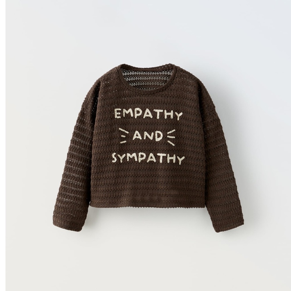 NWT Zara 2-3Y knit long sleeve shirt top with text Empathy and Sympathy brown